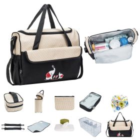 11Pcs Baby Nappy Diaper Bags Set for Mom Dad Mummy Shoulder Bags Multifunctional Diaper Handbags with Food Bag Bottle Bag Diaper Pad Burp Cloth 2 Hook (Color: BLACK)