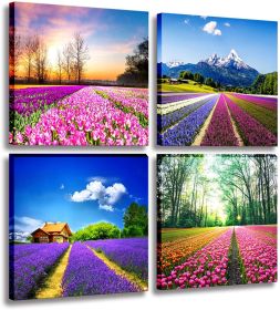 Canvas Prints Tulip Lavender Field Wall Art Colorful Flowers Artworks on Canvas Landscape Painting Framed for Modern Home Decoration (Size: 12inchx12inchx4pcs)